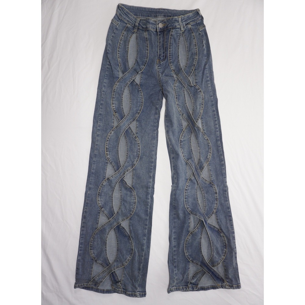 Blue Size S Denim Wide Leg Cut Out Pants Wave Design